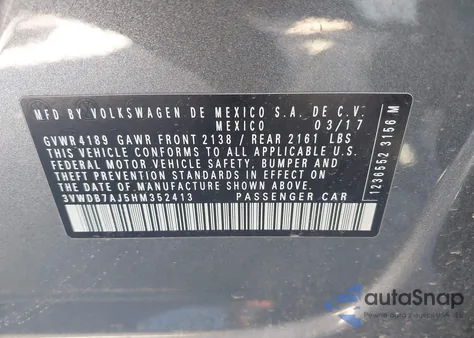 2017 Volkswagen Jetta 1.4T Se из США, поврежденный, VIN 3VWDB7AJ5HM352413